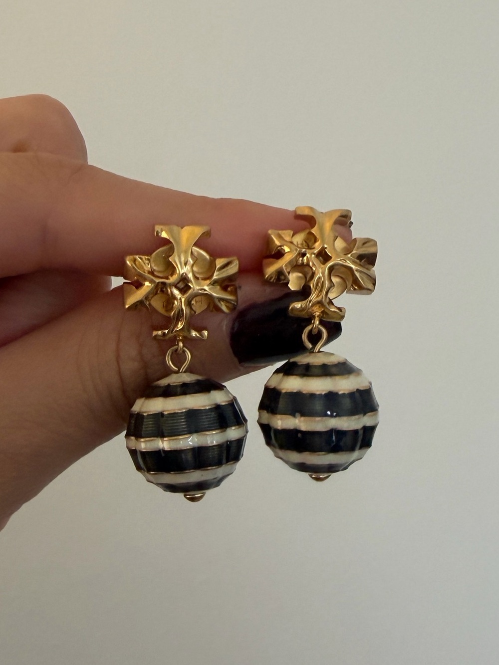 Tory Burch Gold Drop Earrings with Black and White Striped Beads